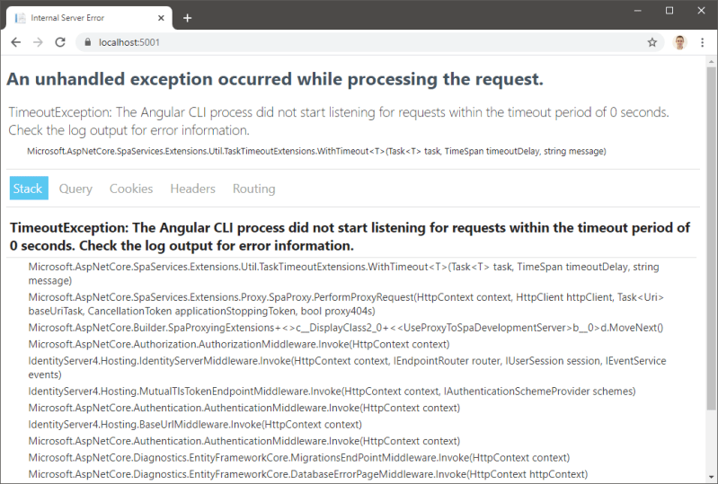 An unhanded exception error message is displayed in the browser after attempting to launch the project that has been upgraded to Angular 9.
